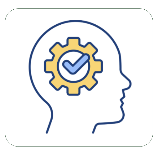 A person's head with a gear wheel and check mark symbolizes problem-solving and success in overcoming obstacles